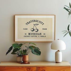 May include: A framed print with the text "Traverse City" and a cherry illustration. The print is in a light-colored frame and hangs above a wooden cabinet. A white lamp and potted plants are also visible.