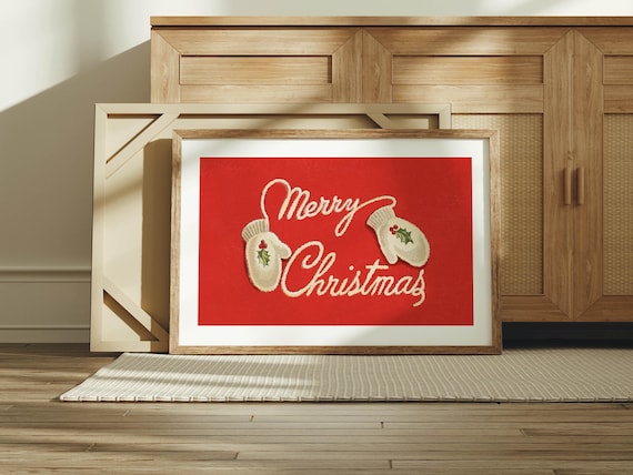 Christmas Mittens Print Retro Holiday Art Entryway Wall Print Christmas Home Decor Winter Kitchen Decor Holiday Party Gift for Family