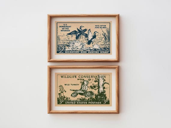 Retro Wildlife Stamp Prints Outdoors Art Gift for Hunter Poster Set of 2 Hunting Wall Art Cabin Decor Outdoorsy Gift for Dad
