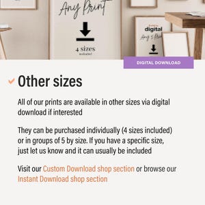 K&ouml;nnte beinhalten: Text, der "Any Print" mit einem Abw&auml;rtspfeil und den Worten "4 Gr&ouml;&szlig;en enthalten" lautet. Unter dem Text befindet sich ein digitales Download-Bild mit dem Text "Digitaler Download". Der Text unter dem Bild lautet "Andere Gr&ouml;&szlig;en" mit einem H&auml;kchen. Der Text f&auml;hrt fort: "Alle unsere Drucke sind in anderen Gr&ouml;&szlig;en &uuml;ber digitalen Download verf&uuml;gbar, falls Sie interessiert sind. Sie k&ouml;nnen einzeln (4 Gr&ouml;&szlig;en enthalten) oder in Gruppen von 5 nach Gr&ouml;&szlig;e gekauft werden. Wenn Sie eine bestimmte Gr&ouml;&szlig;e haben, lassen Sie es uns wissen und sie kann in der Regel enthalten sein. Besuchen Sie unseren Shop-Bereich f&uuml;r benutzerdefinierte Downloads oder st&ouml;bern Sie in unserem Shop-Bereich f&uuml;r sofortige Downloads."