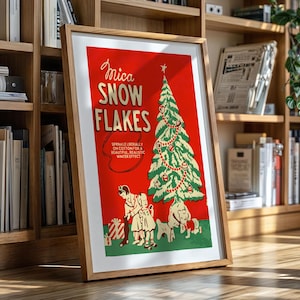 May include: A vintage Christmas poster featuring the text "Mica Snowflakes" in red and white lettering. The poster depicts a green Christmas tree adorned with red and white baubles and a red ribbon. Two children stand in front of the tree, one holding a gift box and the other holding a small dog. The poster has a red background and a white border.