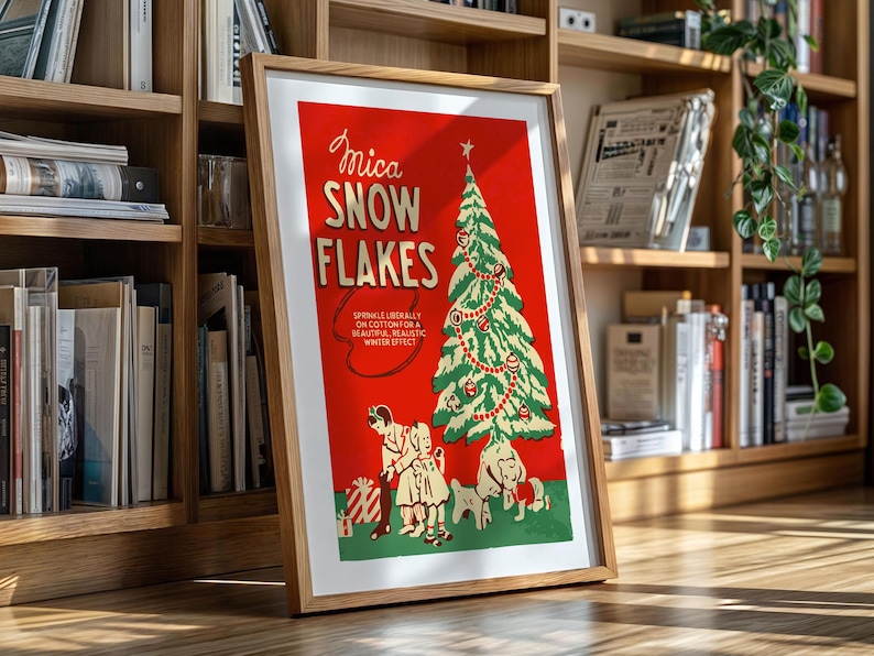 May include: A vintage Christmas poster featuring the text "Mica Snowflakes" in red and white lettering. The poster depicts a green Christmas tree adorned with red and white baubles and a red ribbon. Two children stand in front of the tree, one holding a gift box and the other holding a small dog. The poster has a red background and a white border.