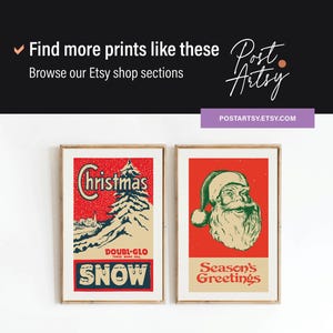 May include: Two framed vintage Christmas prints. One features a red background with a snowy landscape and the word "Christmas". The other shows Santa Claus with a green hat and the words "Season's Greetings".