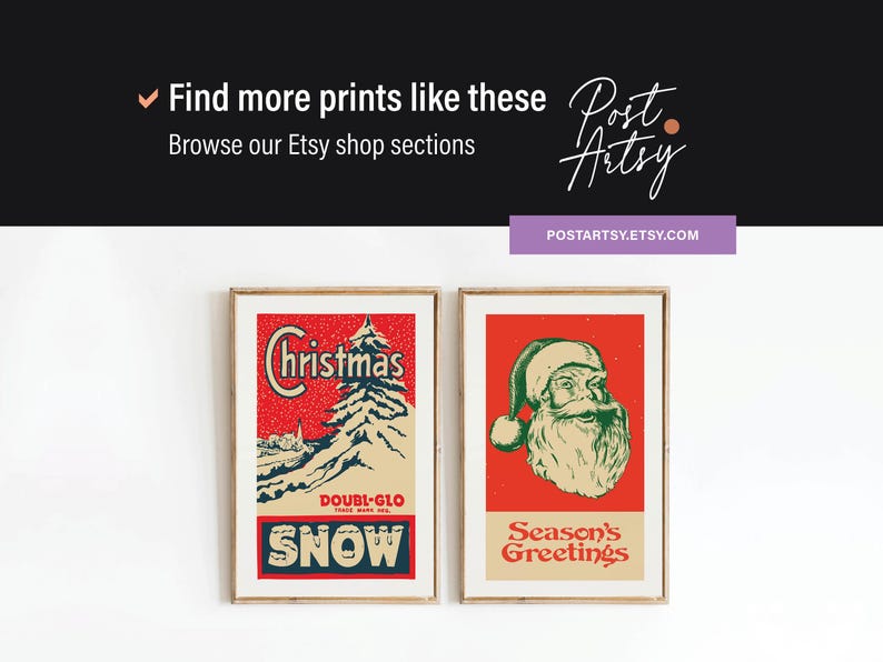 May include: Two framed vintage Christmas prints. One features a red background with a snowy landscape and the word "Christmas". The other shows Santa Claus with a green hat and the words "Season's Greetings".