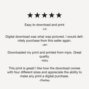 May include: Five-star customer reviews for a digital download. Reviews highlight the ease of downloading and printing, the accuracy of the product, and the seller's responsiveness.  The reviews also mention the availability of multiple sizes for printing.