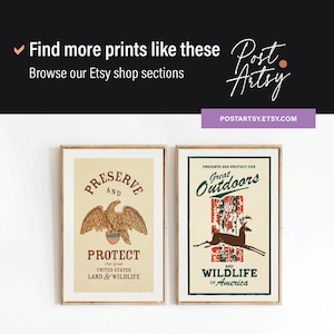 May include: Two framed vintage-style prints. The left print features an eagle with the text "Preserve and Protect Our United States Land & Wildlife." The right print shows a deer with the text "Great Outdoors and Wildlife of America."