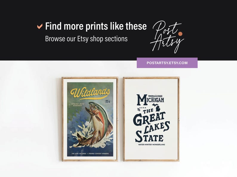 May include: Two vintage-style prints in wooden frames. The left print features a colorful illustration of a fish jumping out of the water with the text "Wildlands" above it. The right print features a blue and white graphic with the text "Michigan 76 The Great Lakes State Water Winter Wonderland".