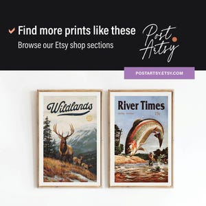 Op de afbeelding: Twee vintage-stijl magazine covers, een met een grote eland in een bossetting met de titel "Wildlands" en de andere met een forel die uit het water springt met de titel "River Times".