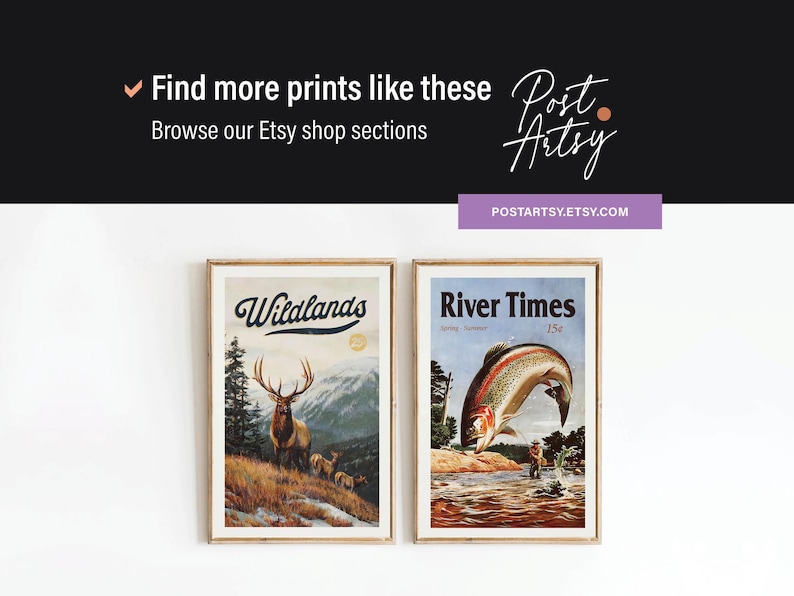 Op de afbeelding: Twee vintage-stijl magazine covers, een met een grote eland in een bossetting met de titel "Wildlands" en de andere met een forel die uit het water springt met de titel "River Times".