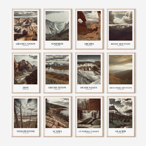 K&ouml;nnte beinhalten: Ein Set aus 12 Vintage-Plakaten mit malerischen Ansichten von Nationalparks in den Vereinigten Staaten. Jedes Plakat zeigt einen anderen Park, darunter Grand Canyon, Yosemite, Arches, Rocky Mountain, Zion, Grand Teton, Death Valley, Great Smoky Mountains, Yellowstone, Acadia, Cuyahoga Valley und Glacier.