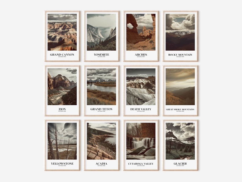 K&ouml;nnte beinhalten: Ein Set aus 12 Vintage-Plakaten mit malerischen Ansichten von Nationalparks in den Vereinigten Staaten. Jedes Plakat zeigt einen anderen Park, darunter Grand Canyon, Yosemite, Arches, Rocky Mountain, Zion, Grand Teton, Death Valley, Great Smoky Mountains, Yellowstone, Acadia, Cuyahoga Valley und Glacier.