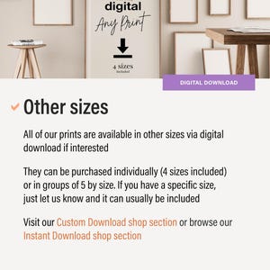 May include: Image promoting digital prints, with text indicating "Any Print" and "4 sizes included." The image also highlights "Other sizes" available via digital download. A purple button reads "DIGITAL DOWNLOAD."