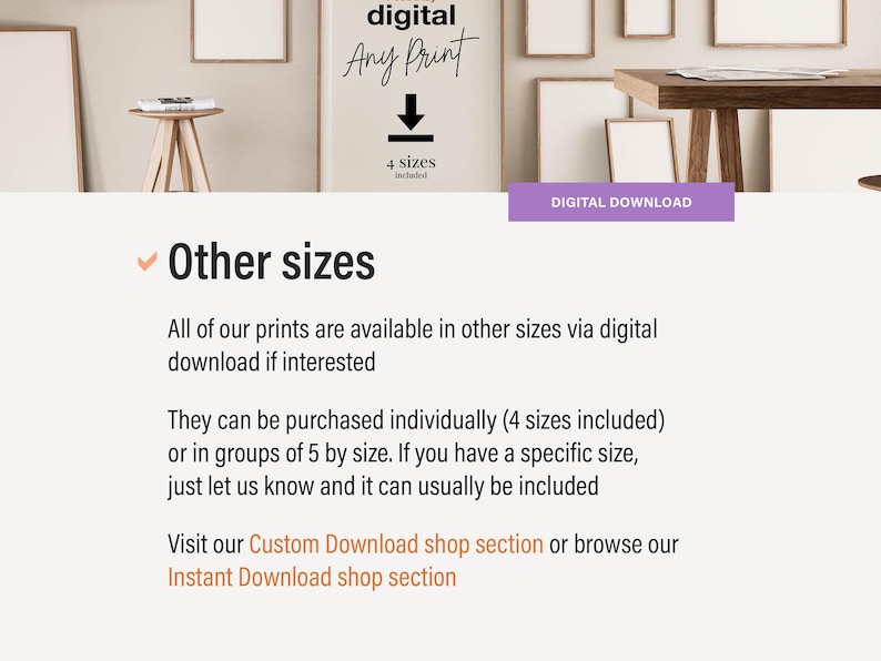 May include: Image promoting digital prints, with text indicating "Any Print" and "4 sizes included." The image also highlights "Other sizes" available via digital download. A purple button reads "DIGITAL DOWNLOAD."
