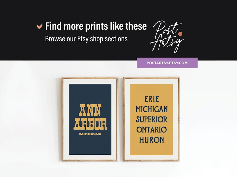 May include: Two framed prints with text. One print features "Ann Arbor, Michigan" in gold lettering on a navy blue background. The other print displays "Erie, Michigan, Superior, Ontario, Huron" in black on a yellow background.