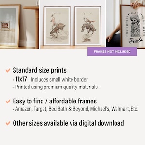 May include: Three framed prints with different designs. The first print is a black and white illustration of a cowboy riding a horse. The second print is a black and white illustration of a cowboy riding a horse. The third print is a black and white illustration of a skeleton holding a bottle of tequila. The text on the third print reads "If you're going to be salty, bring the lime & the tequila".