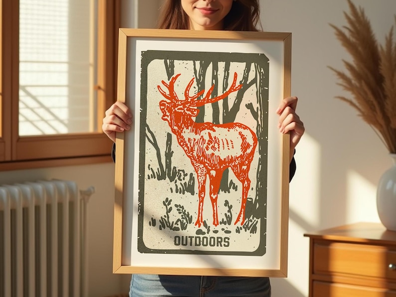 Op de afbeelding: Een ingelijste print met een vintage illustratie van een edelhert dat in een bos staat. De print heeft een groene achtergrond en de tekst "OUTDOORS" onderaan.