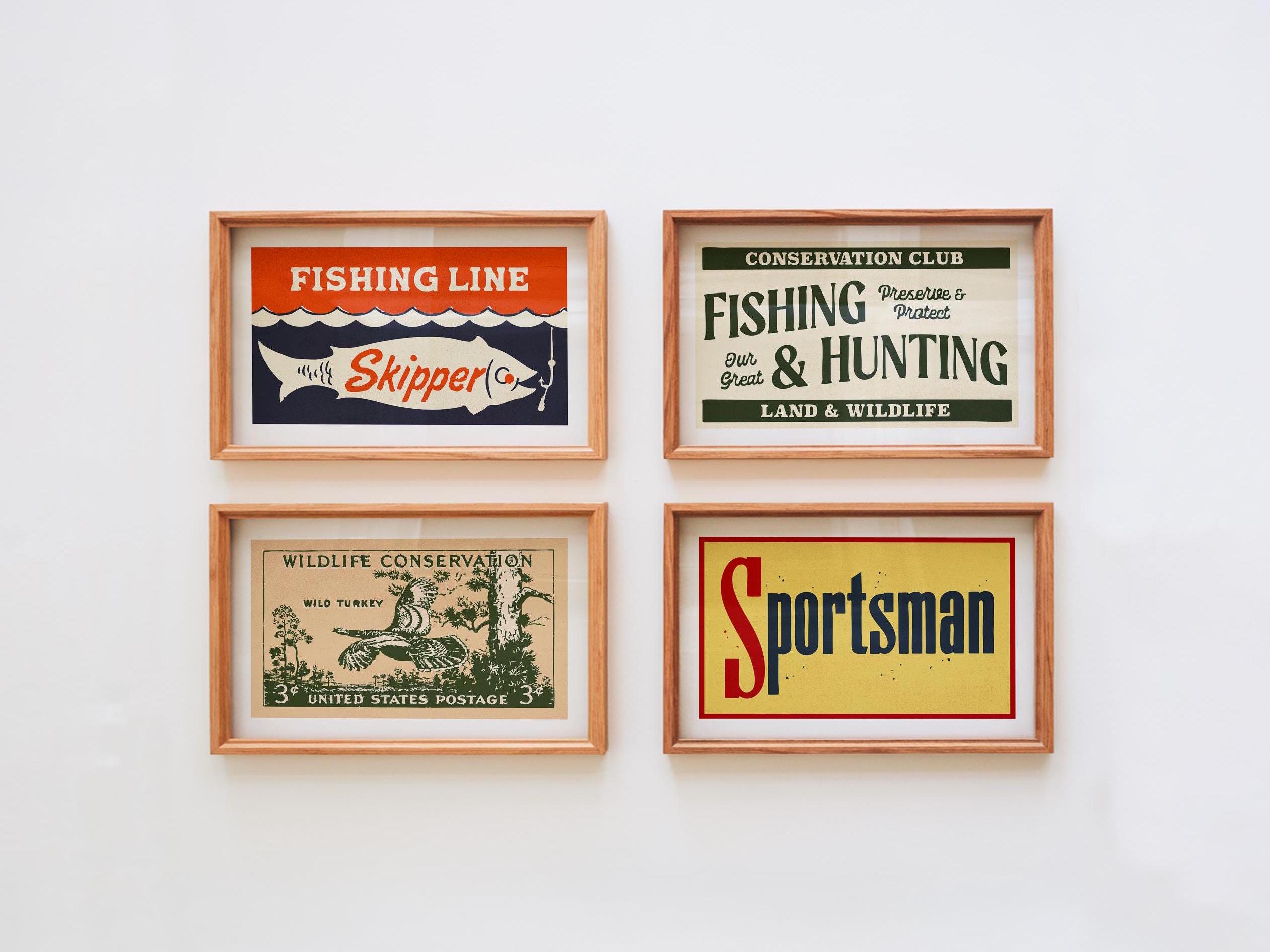 Retro Hunting Fishing Prints Outdoors Art Poster Set of 4 Hunting Fishing Wall Decor Outdoorsy Cabin Wall Art Gift for Hunter Dad