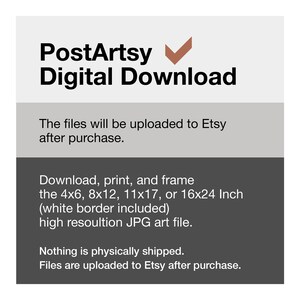 Puede incluir: Descarga digital de un archivo de arte imprimible. El archivo se puede imprimir en tama&ntilde;os de 4x6 pulgadas, 8x12 pulgadas, 11x17 pulgadas o 16x24 pulgadas. El archivo incluye un borde blanco y es un JPG de alta resoluci&oacute;n.
