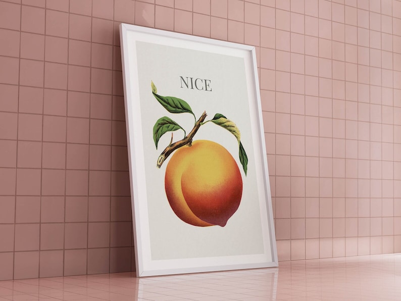 May include: A framed print featuring a vintage illustration of a peach with green leaves and the word "NICE" at the top. The peach is a mix of yellow, orange, and red hues, set against a cream background.