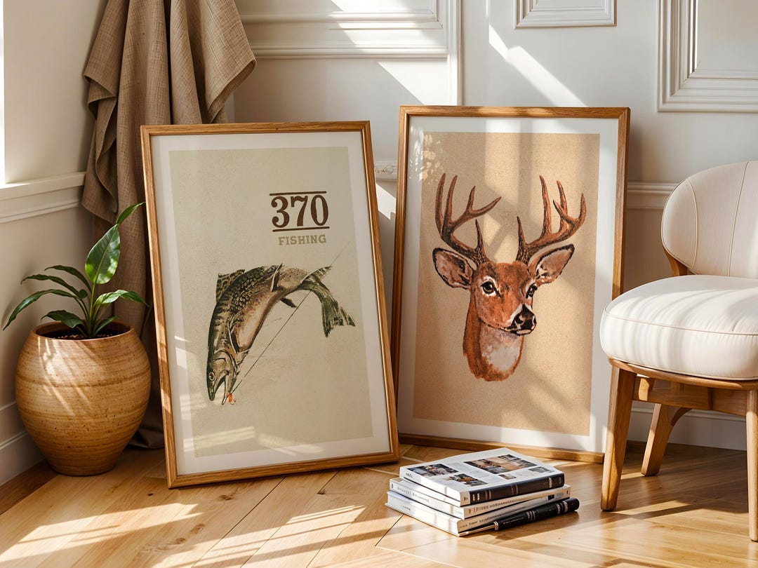 レトロな魚+鹿のプリント アウトドアアートポスター 2枚セット 釣り