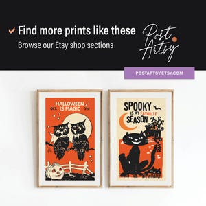 May include: Two framed Halloween-themed prints. One features owls, a pumpkin, and the text "Halloween is Magic." The other shows a black cat and the text "Spooky is my favorite season." The prints are in orange and cream colors.