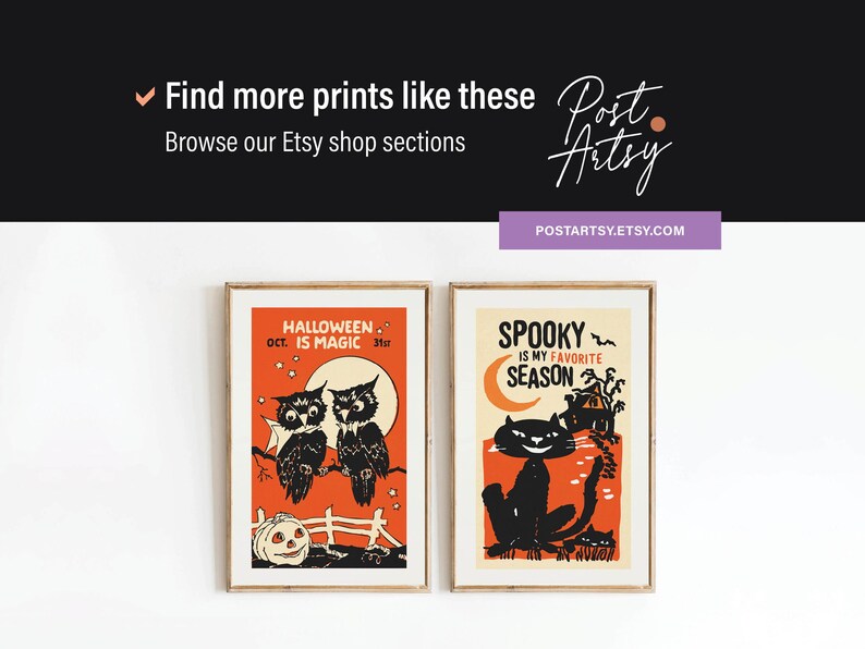 May include: Two framed Halloween-themed prints. One features owls, a pumpkin, and the text "Halloween is Magic." The other shows a black cat and the text "Spooky is my favorite season." The prints are in orange and cream colors.