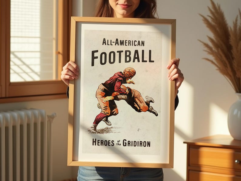 May include: Vintage poster with a red and white illustration of two football players in action. The poster has the text "All-American Football Heroes of the Gridiron".