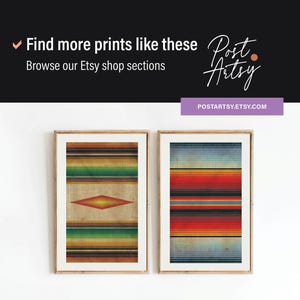May include: Two framed prints with colorful, striped designs. One features a central diamond shape, while the other showcases horizontal bands of red, orange, and blue. The prints are displayed against a white background. The text "Find more prints like these" is visible.