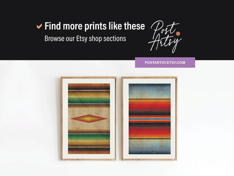 May include: Two framed prints with colorful, striped designs. One features a central diamond shape, while the other showcases horizontal bands of red, orange, and blue. The prints are displayed against a white background. The text "Find more prints like these" is visible.