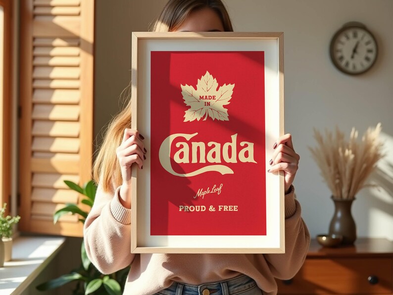 Op de afbeelding: Ingelijste print met een rode achtergrond en de woorden "Made in Canada" in cr&egrave;mekleurige letters. Een esdoornblad staat boven het woord "Canada". De zin "Proud & Free" staat eronder.