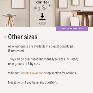 May include: Image featuring framed art prints and a wooden table. Text reads "digital Any Print" with a download icon and "4 sizes included." Additional text highlights digital download options and other sizes available.