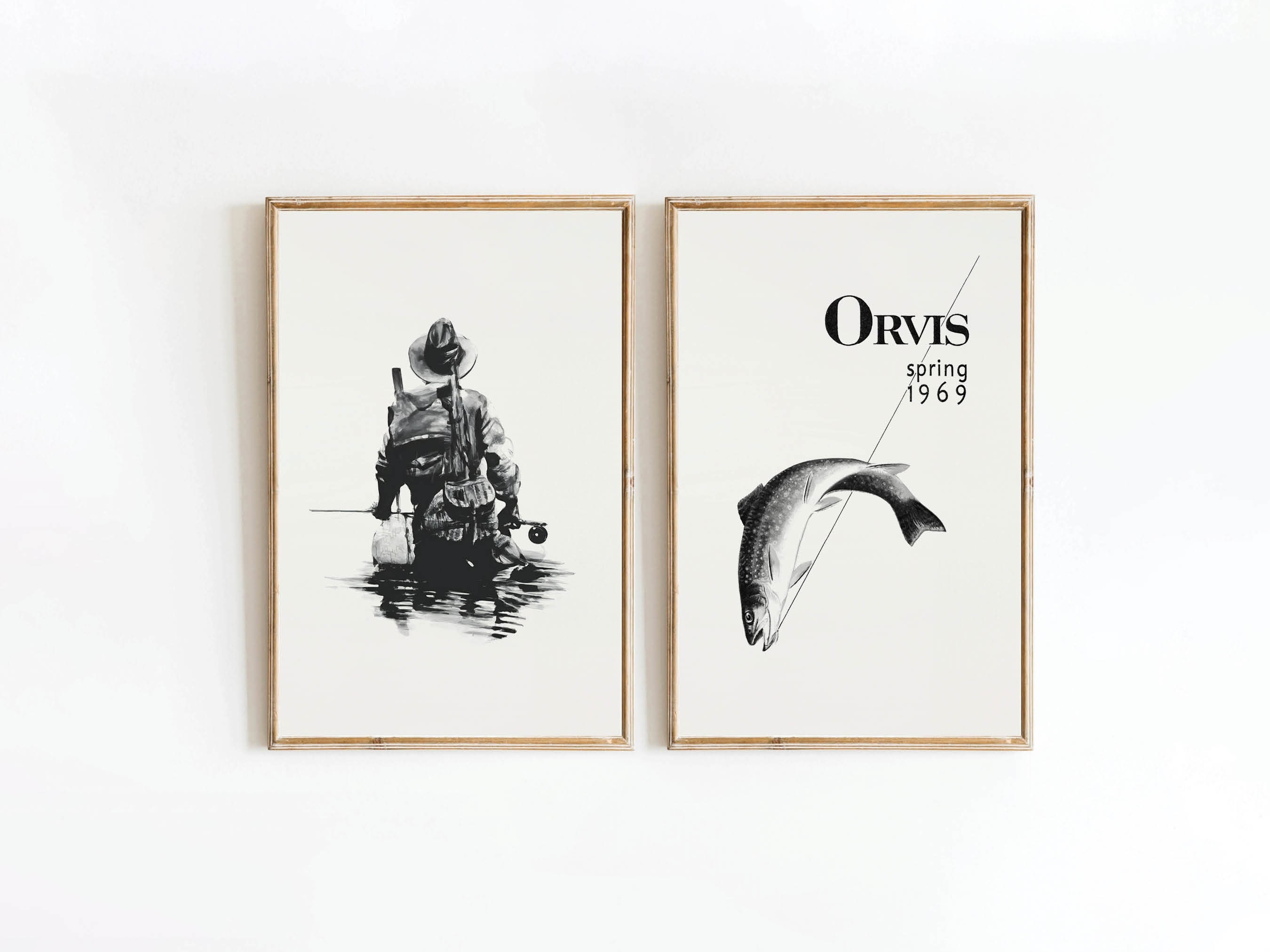 River Trout Fly Fishing Prints Retro Fisherman Art Set of 2 Posters Angler Wall Decor Fishing Artwork Outdoorsy Gift for Dad