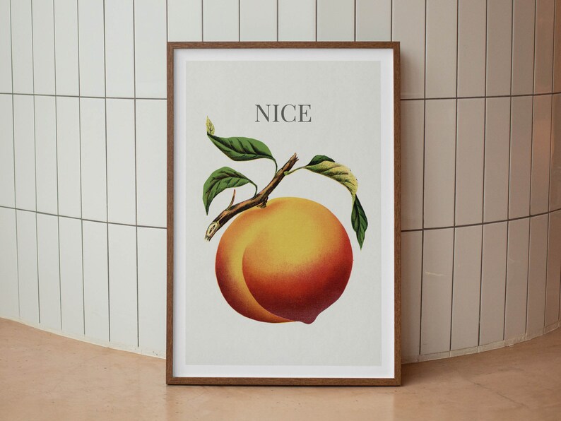 May include: A framed print featuring a vintage illustration of a ripe peach with green leaves and the word "NICE" at the top. The peach is a blend of yellow and red hues, set against a light background.