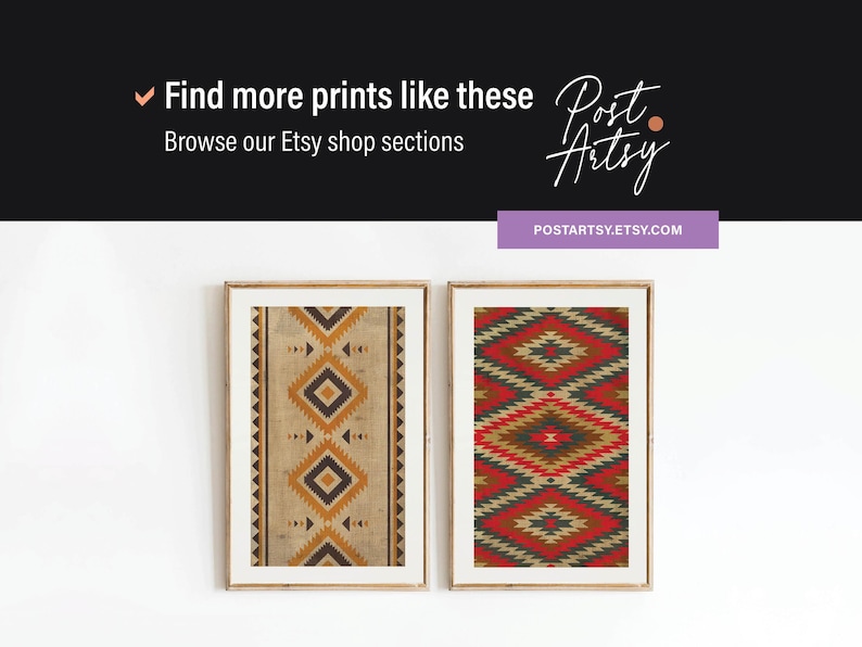 May include: Two framed prints with geometric patterns. The print on the left has a beige background with brown, orange, and black geometric shapes. The print on the right has a red background with black, brown, and yellow geometric shapes.  The text "Post Artsy" is visible in the upper right corner of the image.
