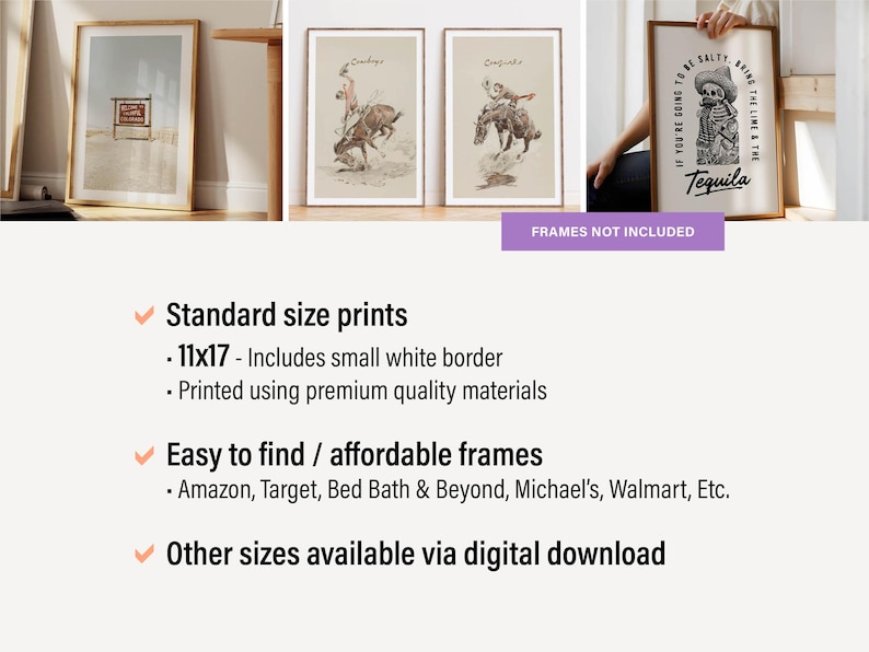 May include: A collection of framed art prints, including a desert scene, cowboy illustrations, and a tequila-themed print. The prints are 11x17 inches and printed on premium quality materials. Frames are not included.