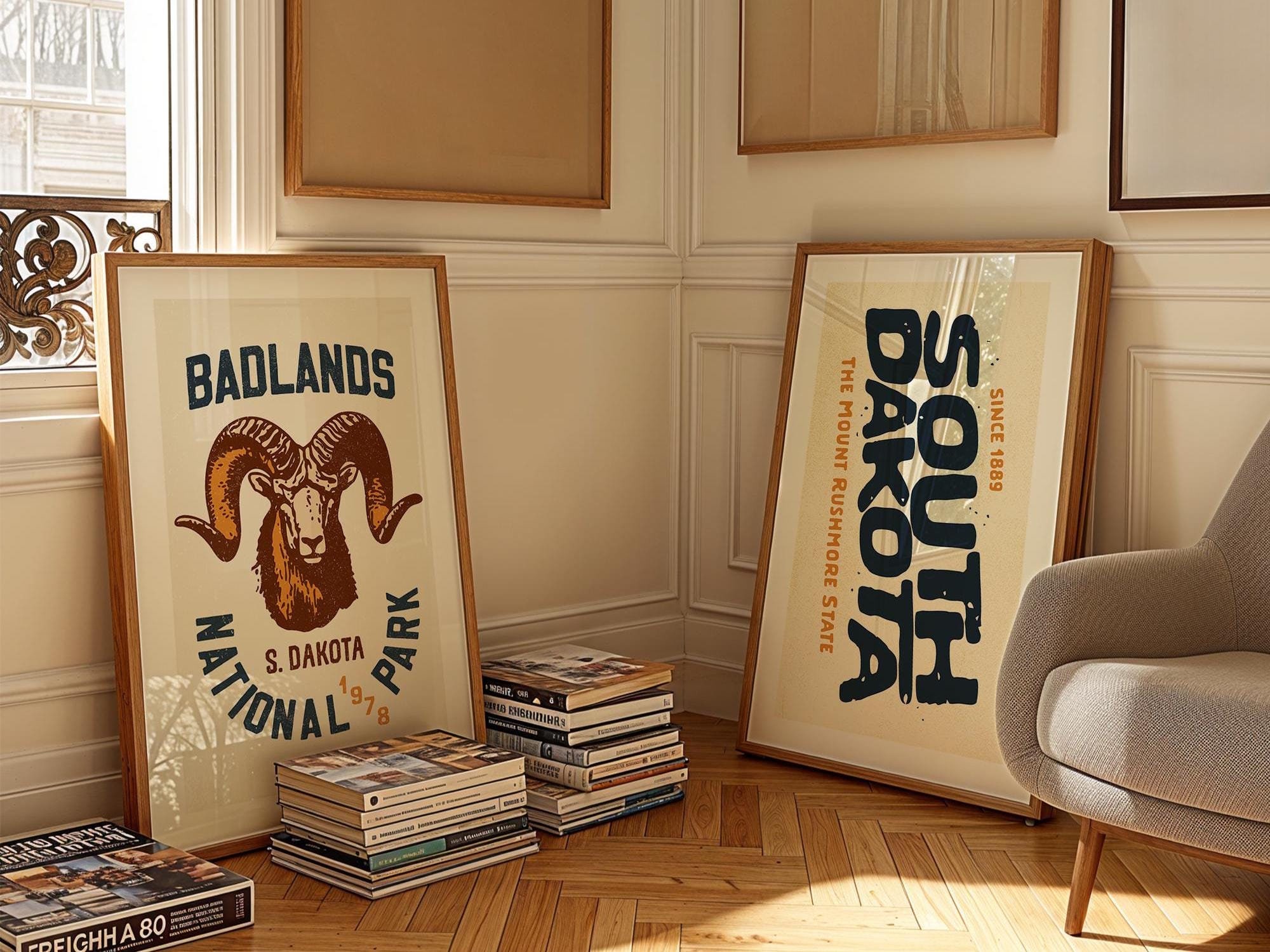 Set di 2 stampe di viaggio retrò del Dakota del Sud, poster dello stato del Monte Rushmore, arte del Dakota del Sud, regalo d'arte delle Badlands per viaggiatori, decorazione da parete per attività all'aria aperta