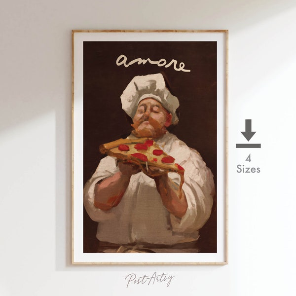Grappige keuken kunst muur decor pizza liefde vintage stijl klassiek schilderij poster print digitale download afdrukbare kunst koken humor voedsel cadeau