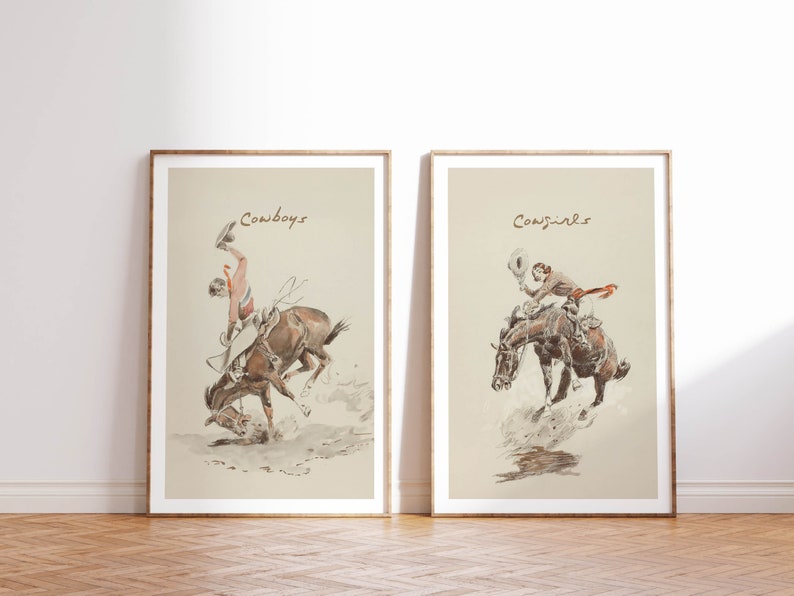 Bathroom Art Cowboy Cowgirl Set of 2 Prints Bathroom Wall Art Bathroom Decor Guest Bathroom Paintings Vintage Western Wall Hangings
