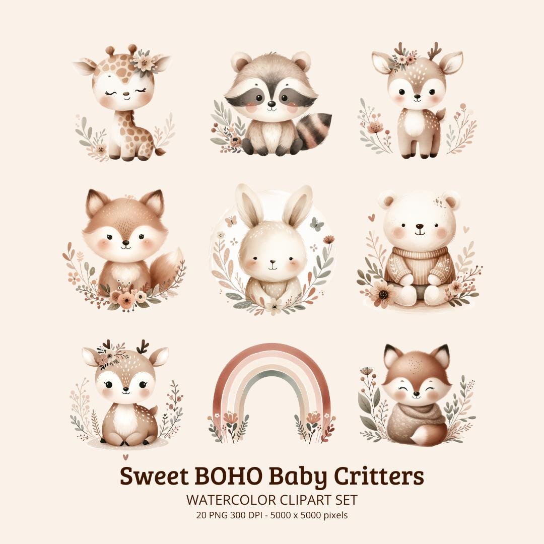 Boho Watercolor Baby Animal Clipart Bundle, Nursery Decor (digital ...
