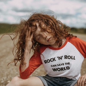 Rock N Roll kids baseball tee, kind tees, hip kids tees, kids graphic tees, modern kids tees, kindness tees, peace and love, love not hate image 1