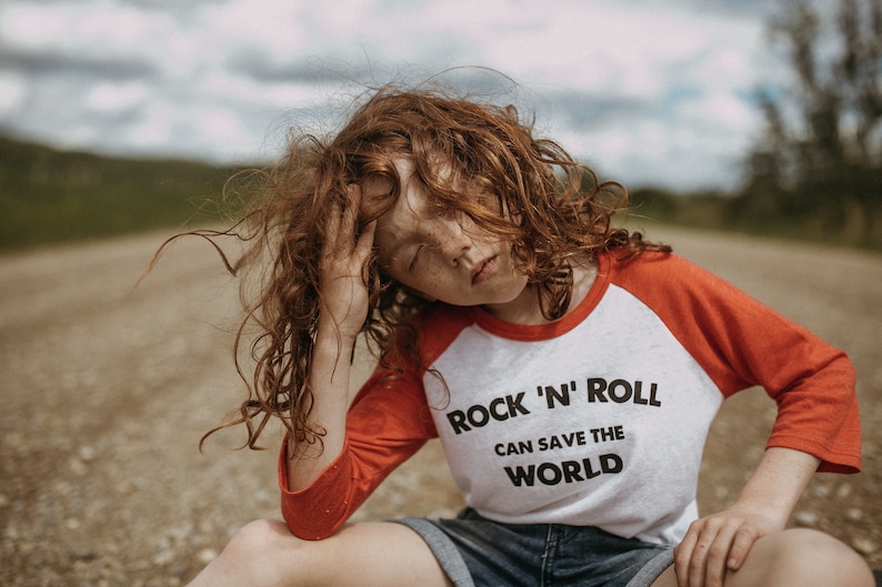 Rock N Roll kids baseball tee, kind tees, hip kids tees, kids graphic tees, modern kids tees, kindness tees, peace and love, love not hate image 1