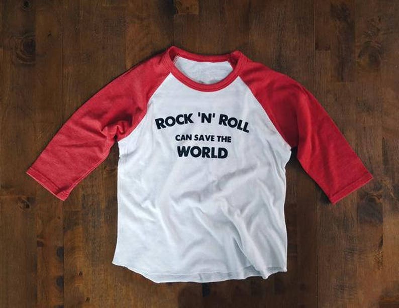 Rock N Roll kids baseball tee, kind tees, hip kids tees, kids graphic tees, modern kids tees, kindness tees, peace and love, love not hate image 2