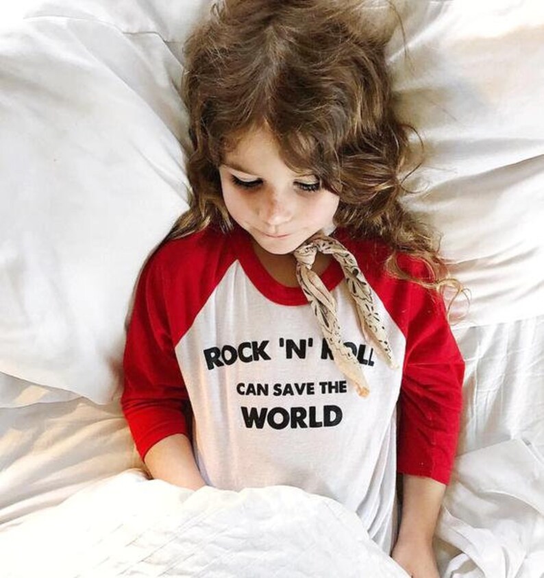 Rock N Roll kids baseball tee, kind tees, hip kids tees, kids graphic tees, modern kids tees, kindness tees, peace and love, love not hate image 3