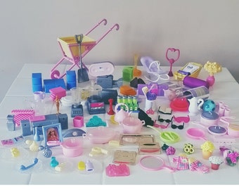 SALE 90s Barbie Doll Accessories Lot Mattel Miniature Miscellaneous Vintage Toys Doll House Sunglasses Pots Pans Dishes Brush Stroller