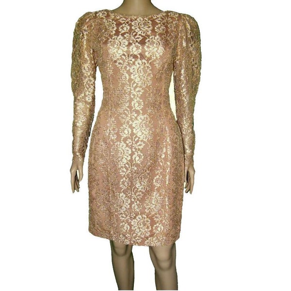 80's Vintage AMBRIA Nude Beige Gold Floral Lace V-Back Long Puff Sleeve Semi-Formal Prom Evening Sheath Dress Size 4