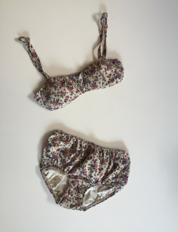 Cute floral print 40s vintage cotton two piece swi