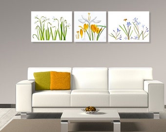 Large Wall Art Print, Macro, Set of 3 Photo Prints, Spring flowers