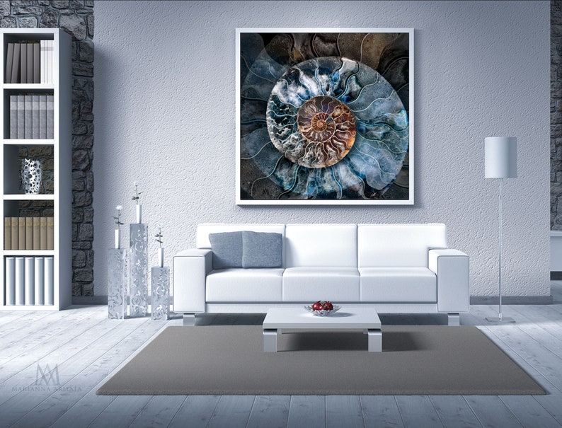 Wall Art, Macro Photo of a Blue-Brown Ammonite Shell Fossil image 3