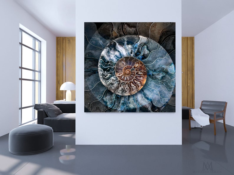 Wall Art, Macro Photo of a Blue-Brown Ammonite Shell Fossil image 2