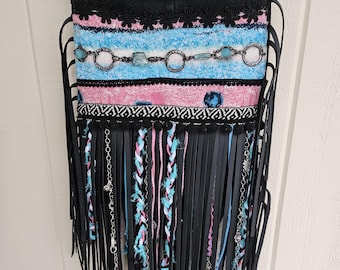 Purse, denim, black leather fringe